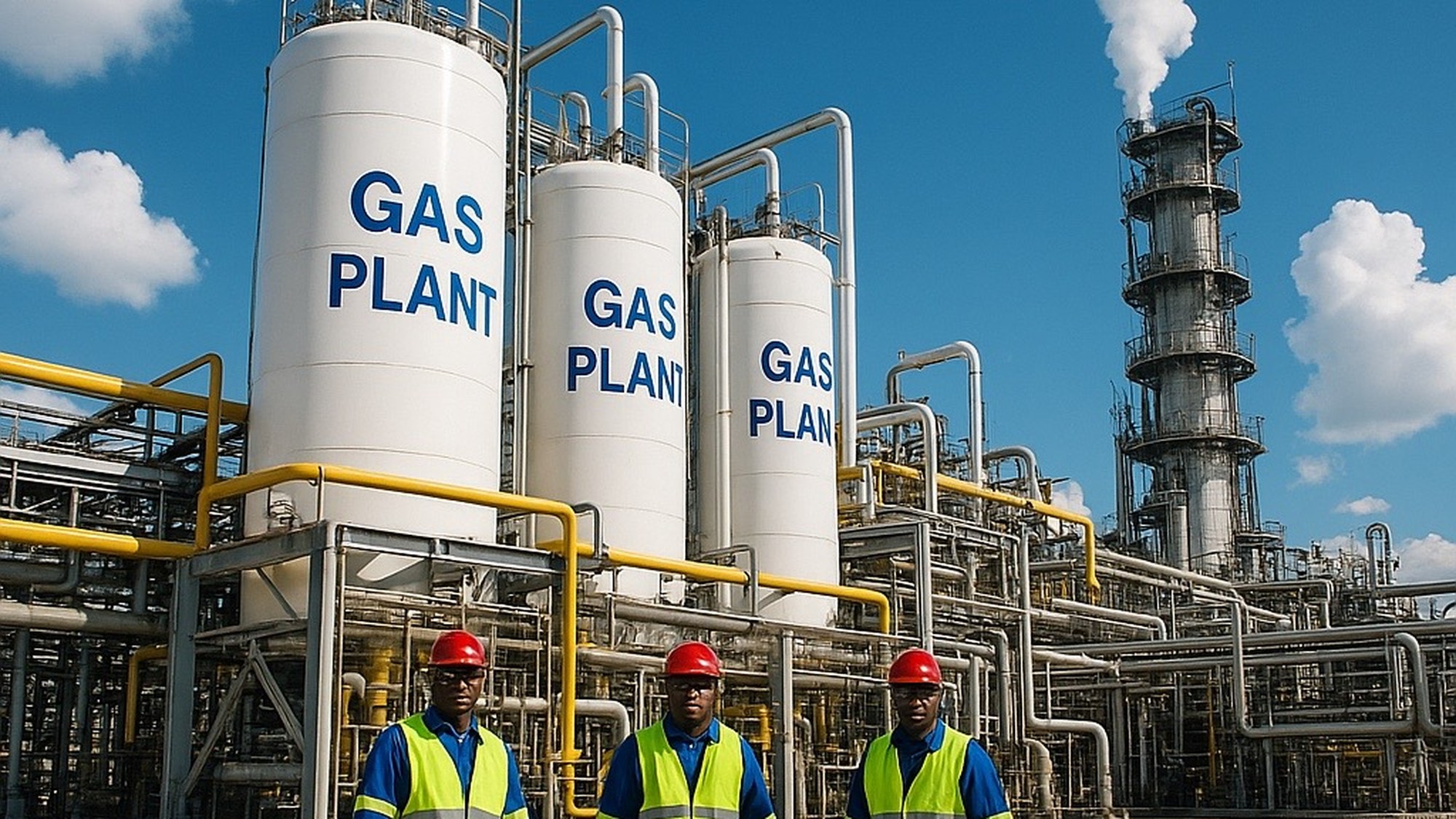 Gas plant with workers wearing full PPE